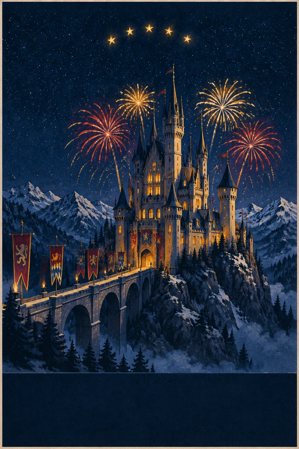 A travel poster: Schloss Prunkenstein under fireworks