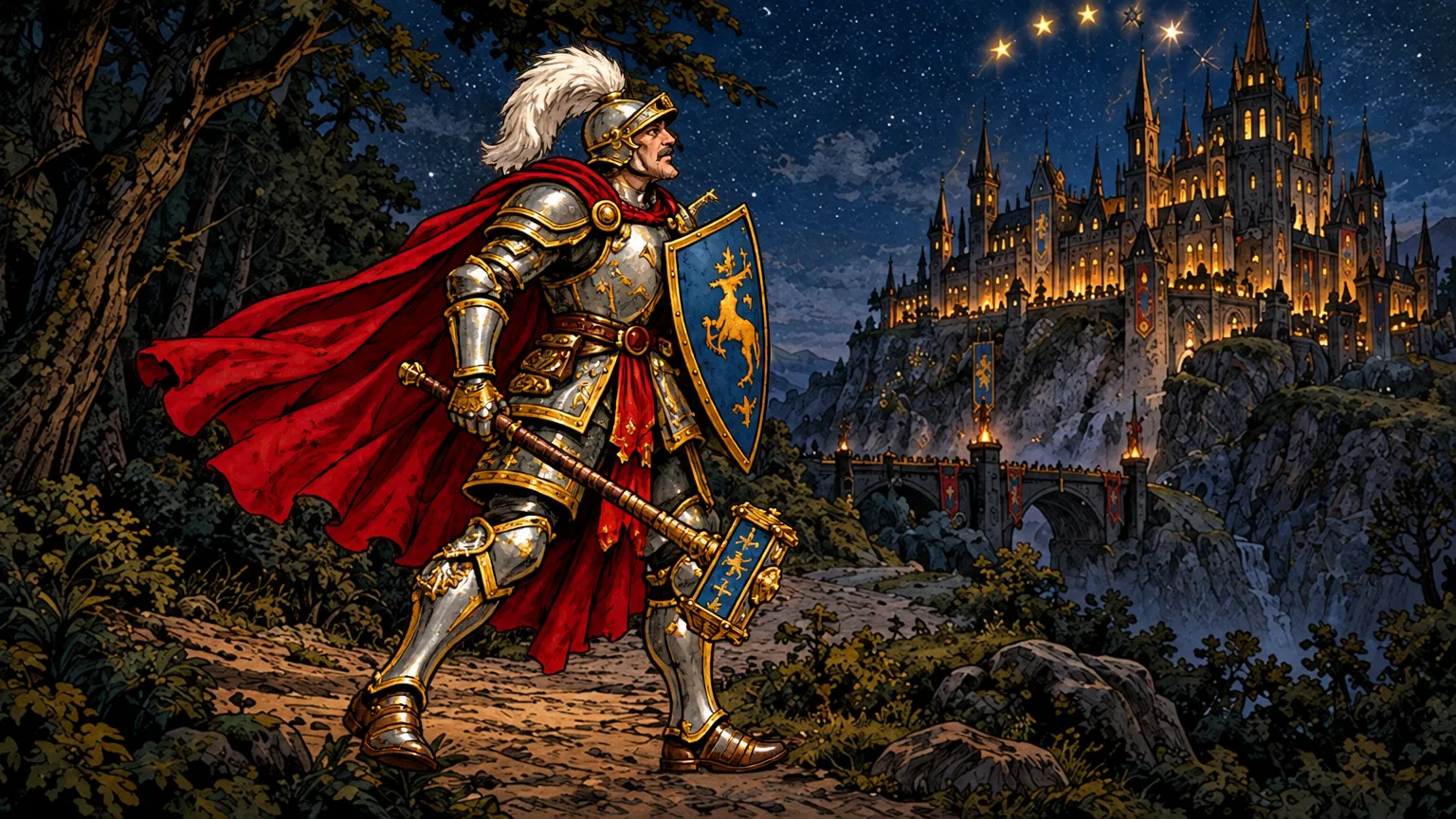Sir Roderick Vane in his armour and red cloak, the castle behind him